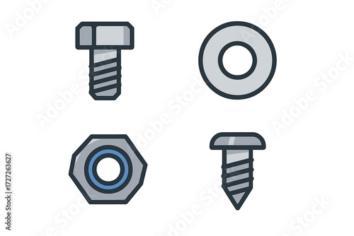 Detailed view of various types of fasteners including bolts and nuts in a clean design