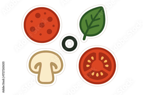 Various pizza toppings including pepperoni, mushrooms, tomato, and basil leaf in a colorful design