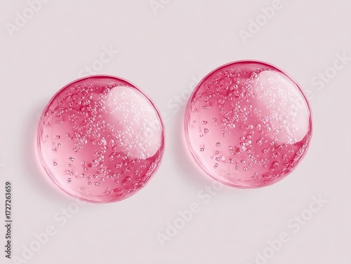 Two translucent pink gel-like spheres with embedded bubbles, captured in a minimalist studio setting.