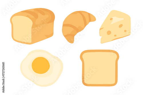 Breakfast foods including bread, croissant, cheese, and egg on a simple background for a cheerful morning meal