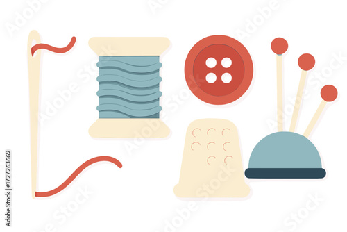 Crafting tools for sewing projects displayed on a white background featuring colorful thread, buttons, and pins