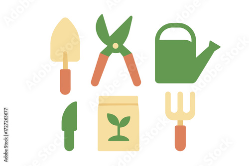 Gardening tools and supplies for planting and caring for plants in a backyard setting