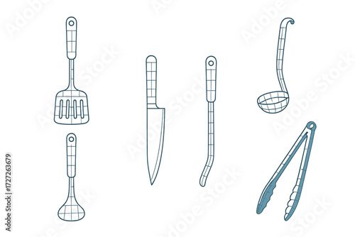 Collection of cooking utensils including spatula, knife, ladle, whisk, and tongs on a white background