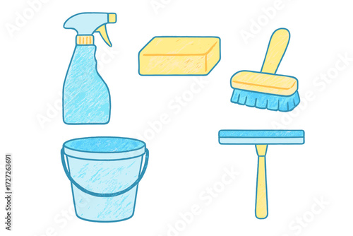 Cleaning supplies arranged neatly for household chores with a focus on organization and maintenance