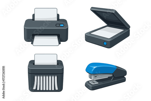 Office supplies display featuring printer, stapler, and paper shredder in a modern design