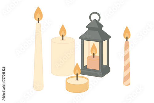 Various candles and a lantern arranged in a cozy setting for a warm ambiance during a winter evening