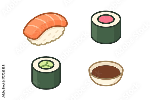 Sushi selection with salmon nigiri and various rolls alongside dipping sauce