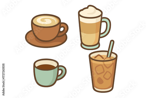 Different types of coffee drinks displayed in a fun, colorful illustration