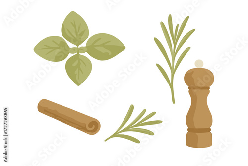 Fresh herbs and spices arranged artisticly on a white background for culinary inspiration