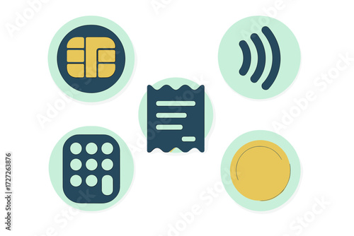 Various digital payment symbols arranged on a light background illustrating modern transaction methods