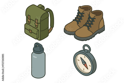 Essential hiking gear including a backpack, sturdy boots, water bottle, and compass for outdoor adventures in nature