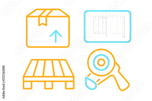 Visual representation of logistics elements including a box, barcode, pallet, and scanner used in shipping activities