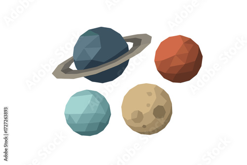 Colorful geometric planets and moon arranged in a playful style on a white background
