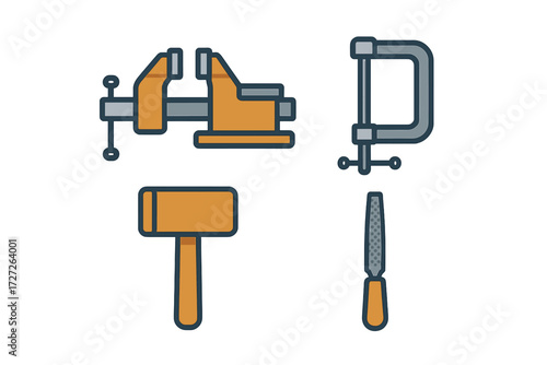 Various hand tools arranged neatly on a light background for woodworking and crafting activities