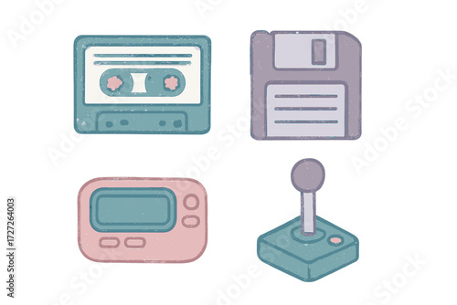 Nostalgic retro items including a cassette tape, floppy disk, handheld console, and joystick on a white background