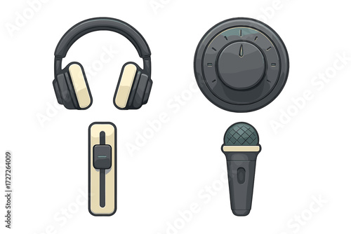 Headphones, microphone, and control knob displayed in a simple layout on a light background