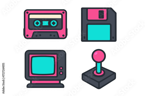 Retro technology icons including cassette tape, floppy disk, old computer, and joystick in bright colors
