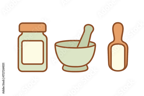 Various kitchen tools for preparing ingredients at home, featuring jars, a mortar, and a scoop