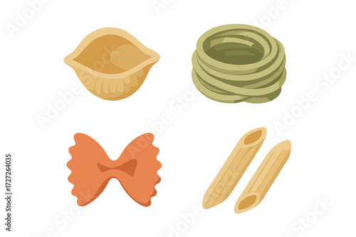 Different shapes of pasta including bowtie, penne, and fettuccine on a plain background