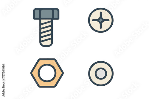 Different types of fasteners including a bolt, screws, nuts, and washers displayed on a clean background