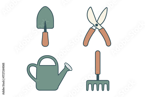 Gardening tools including a trowel, pruning shears, a watering can, and a rake displayed on a plain background