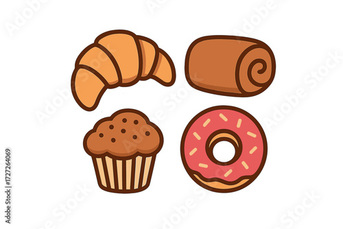 Delicious assortment of baked treats, featuring croissant, roll, muffin, and doughnut on a simple background