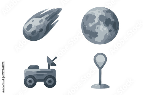Creative watercolor illustrations of celestial objects and a space rover in shades of gray