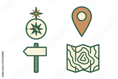Exploring navigation symbols for travelers with compass, map, and location pin