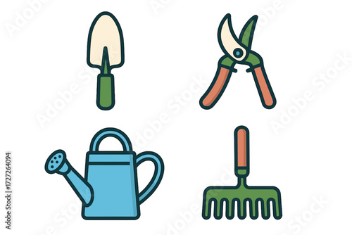 Garden tools including a trowel, pruning shears, watering can, and rake for outdoor planting and maintenance activities