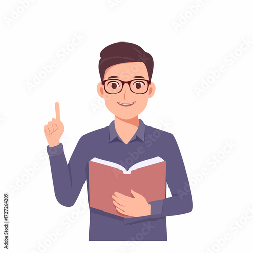 A Smiling Male Teacher or Student Vector Illustration in Glasses, Holding an Open Book and Pointing Upwards, signifying A New Idea, Education, or Important Information