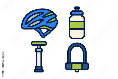 Cycling gear including helmet, water bottle, pump, and lock arranged neatly on a surface