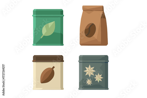 Colorful packaging of various tea and coffee blends displayed in a modern design style for a cozy cafe atmosphere