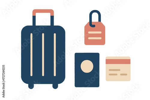 Travel essentials including suitcase, lock, passport, and credit card ready for adventure in a minimalist style