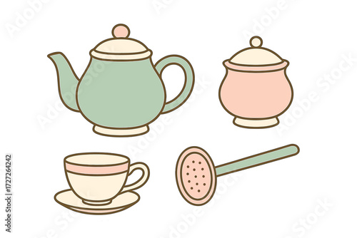 Teapot, sugar bowl, teacup, and strainer set in pastel colors for cozy tea time gatherings and celebrations