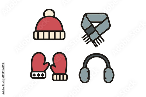 Warm winter accessories including a beanie, scarf, mittens, and earmuffs suitable for cold weather activities