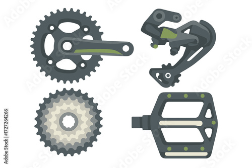 Bicycle drivetrain components including crankset, derailleur, cassette, and pedal displayed on a white background