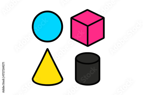 Colorful shapes arranged in a grid showcasing different geometric forms in bright colors