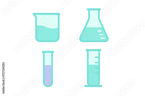 Various laboratory glassware containing colorful liquids in a clean setting