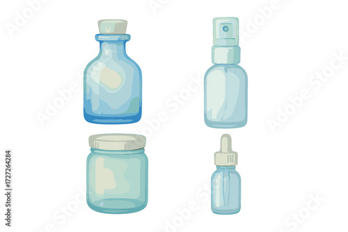 Various clear blue bottles for cosmetics and skincare on white background ready for use in personal care routines