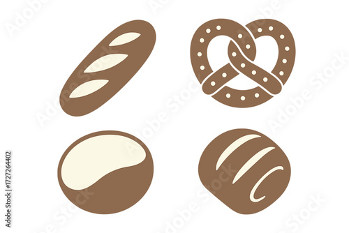 Variety of baked goods arranged in groups showcasing different shapes and textures on a light background