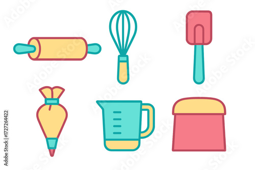 Kitchen utensils for baking displayed with bright colors and simple design on a white background