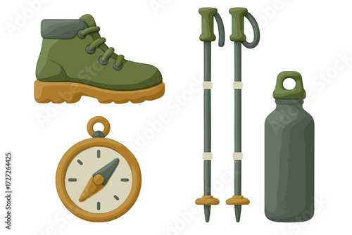 Outdoor hiking gear including boots, compass, trekking poles, and water bottle for an adventurous journey