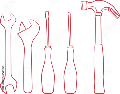 Vector illustration of essential hand tools including hammer, wrench, adjustable spanner, and screwdrivers.Perfect for construction, repair, maintenance, workshop, handyman projects, and DIY concepts.