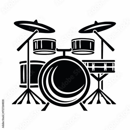 A Monochrome Drum Kit Silhouette Vector of a Rock and Roll Music Instrument, featuring a Stylized Graphic Design for Band Logos, Music Posters, and Creative Graphics.