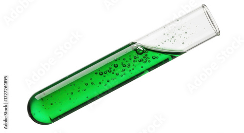 Glowing green liquid in laboratory test tube chemical experiment science discovery