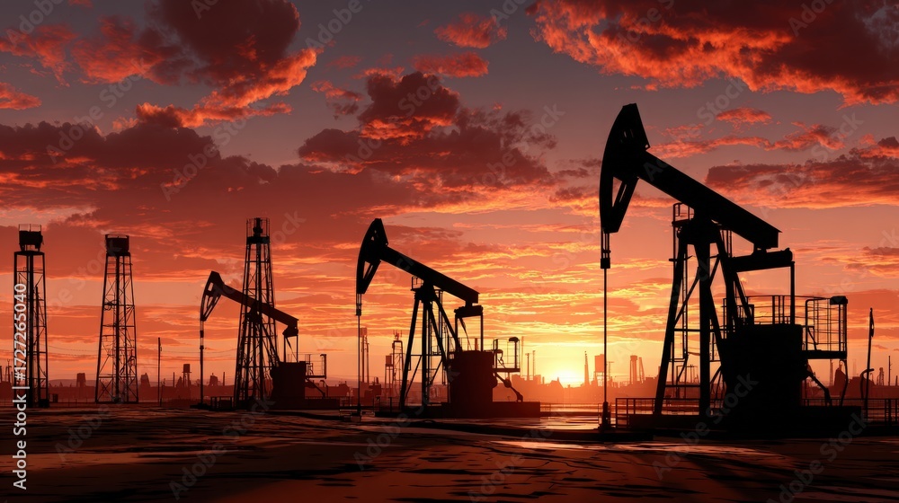 Naklejka premium Oil Rigs Silhouetted Against Sunset Sky