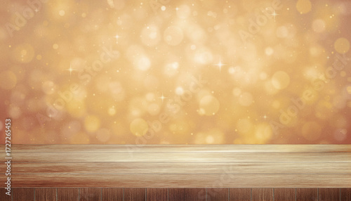 empty wooden table with golden bokeh background, perfect for autumn or holiday product display, festive design, or presentation. Warm tones with sparkling light effect create a cozy atmosphere.