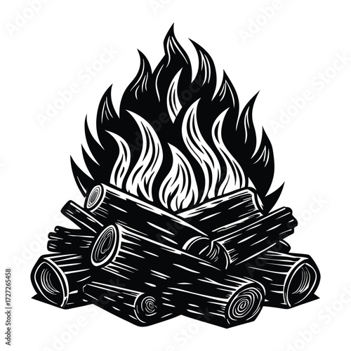 Burning Bonfire Silhouette Featuring Wooden Logs and Flames Graphic on White Background