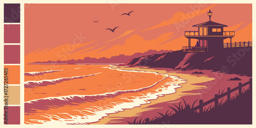Beautiful beach landscape with lifeguard tower and birds