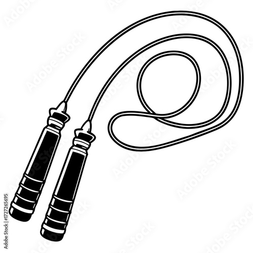 Realistic skipping rope silhouette, black fill, white background, single object